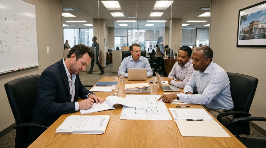 Four co-owners reviewing floor plans and a commercial property purchase agreement at a conference table