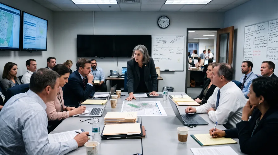 Group of professionals around a meeting table listening to the person leading the discussion