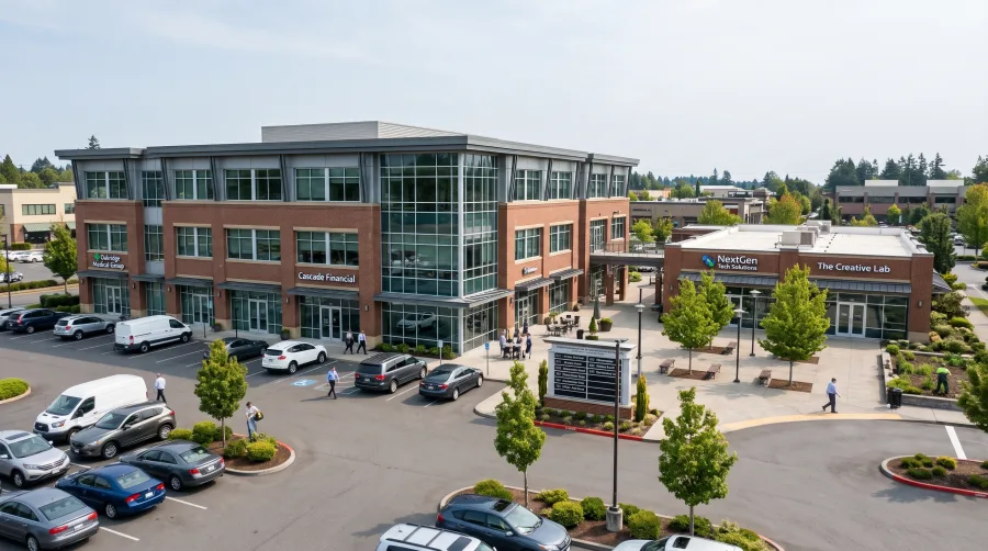 Multi-tenant commercial office building with a parking lot in a suburban business park