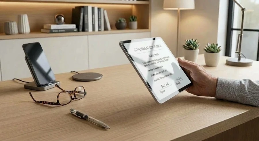 Hand holding a tablet with a property conveyance document under review on an office desk