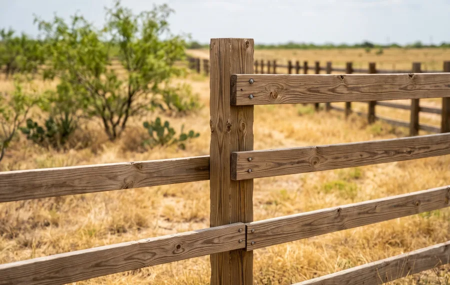 Close-up of a wooden post-and-rail fence running across dry Texas pasture with mesquite and prickly pear
