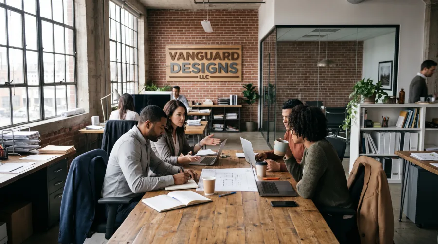 LLC members discussing plans and paperwork around a shared table in a brick-walled office