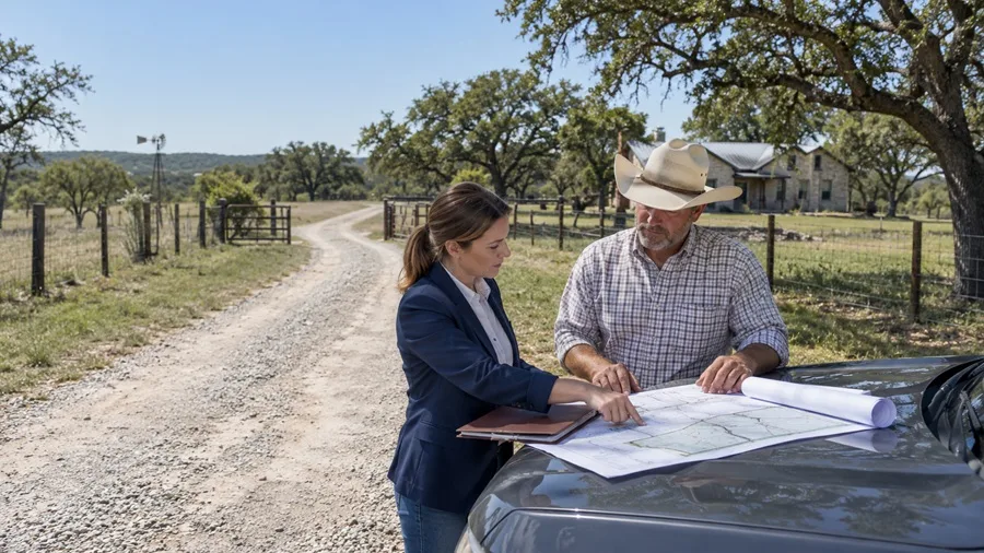 Attorney and rancher reviewing a property map on a truck hood beside a gravel ranch road in Texas