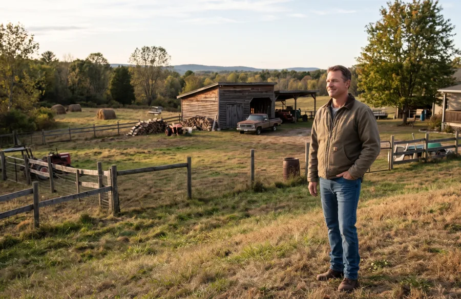 Rural landowner standing in a fenced pasture with a wooden barn, a pickup truck and hay bales behind him