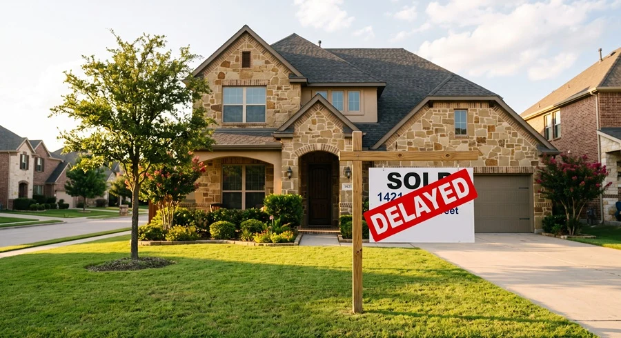 Texas stone house with a SOLD sign stamped DELAYED, a home sale held up before closing