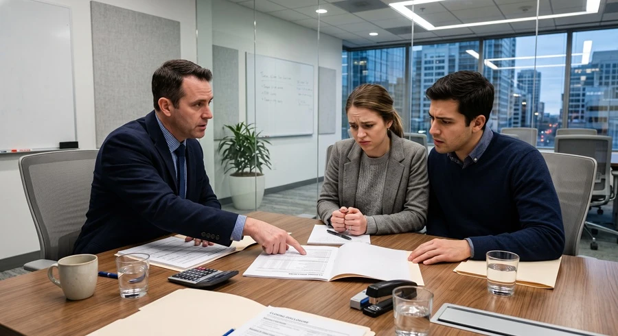Attorney walking a concerned couple through closing disclosure documents at a conference table