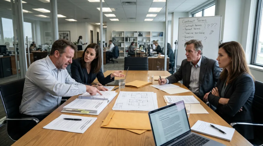 Co-owners disagreeing over contract terms and floor plans during a tense conference room meeting