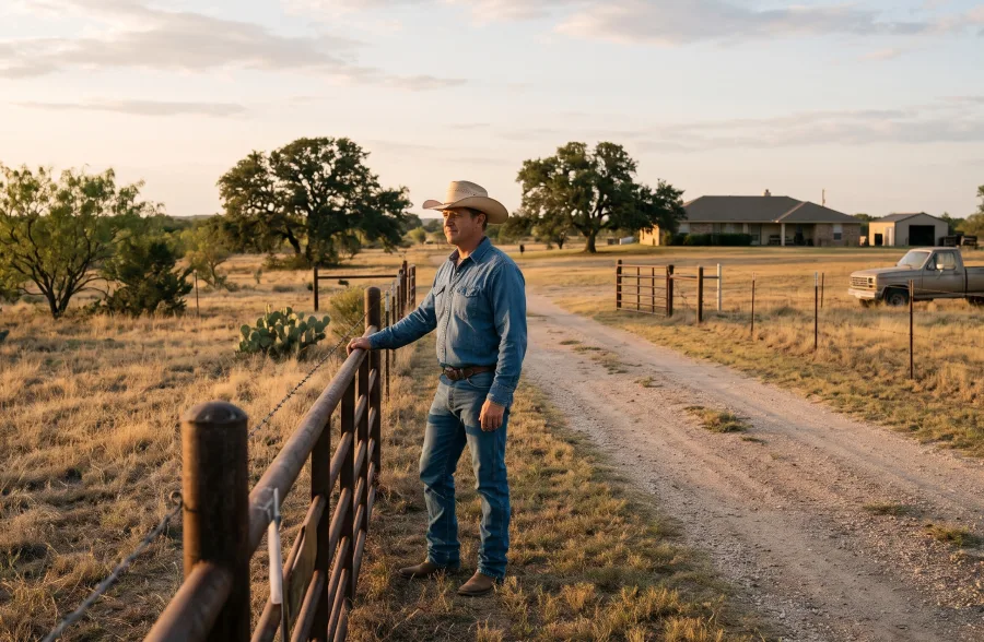 Landowner in a cowboy hat leaning on a pipe fence beside a gravel ranch road leading to a house