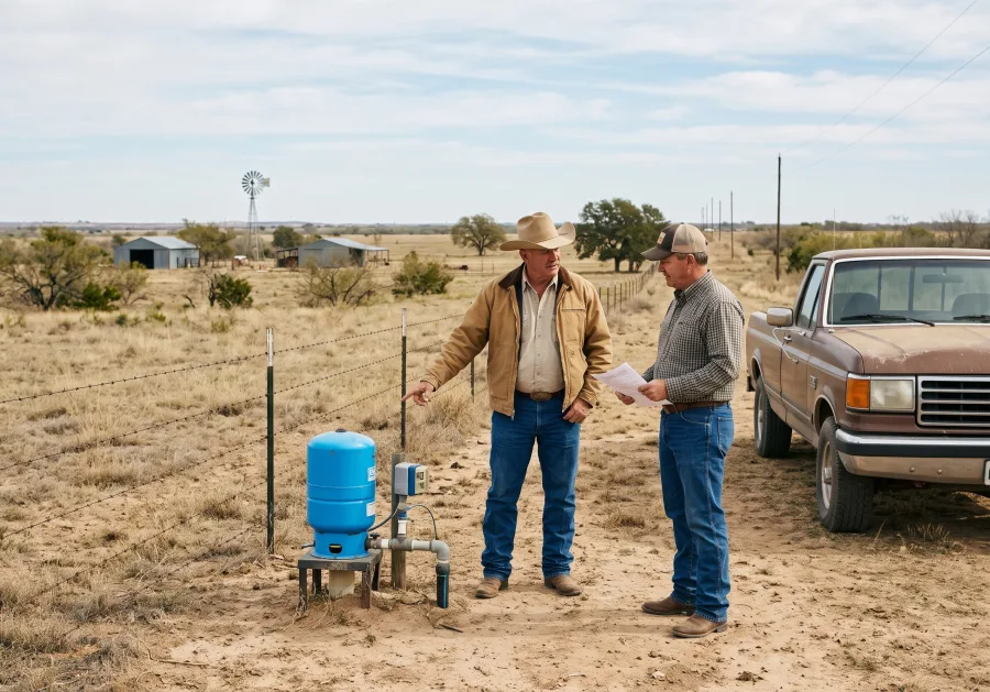 Two ranchers talking beside a well pressure tank and a barbed-wire fence on dry Texas ranch land, one holding papers